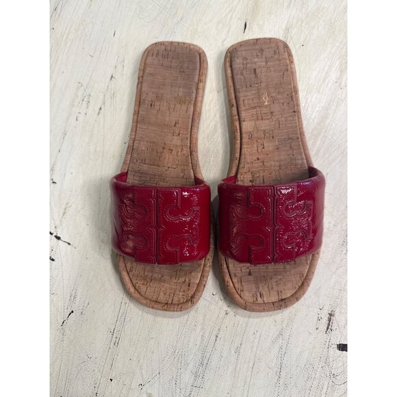 Tory Burch Women's Red Cork & Patent Leather Logo Slide Sandals Size 8.5 - Picture 3 of 8